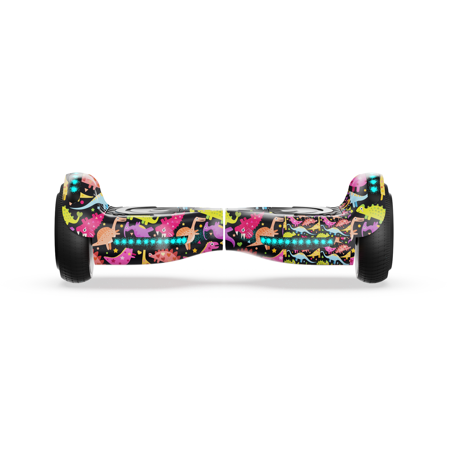 A hoverboard h1 with colorful, cartoon dinosaur graphics on a black background is shown, featuring two black wheels and illuminated blue lights.