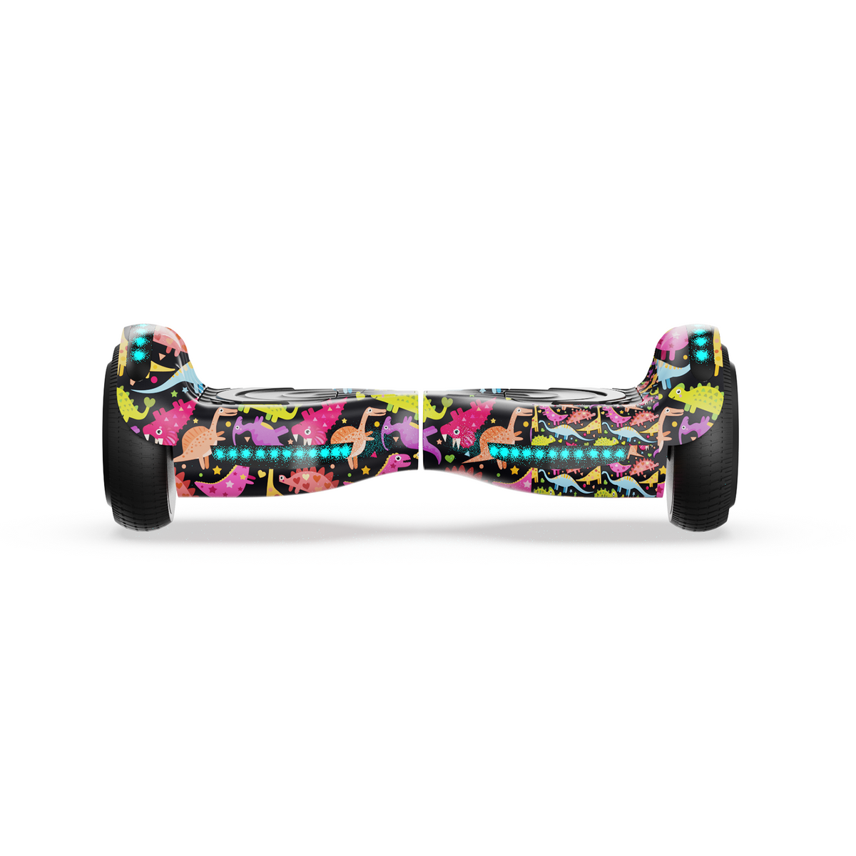 A hoverboard h1 with colorful, cartoon dinosaur graphics on a black background is shown, featuring two black wheels and illuminated blue lights.