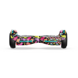 A hoverboard h1 with colorful, cartoon dinosaur graphics on a black background is shown, featuring two black wheels and illuminated blue lights.