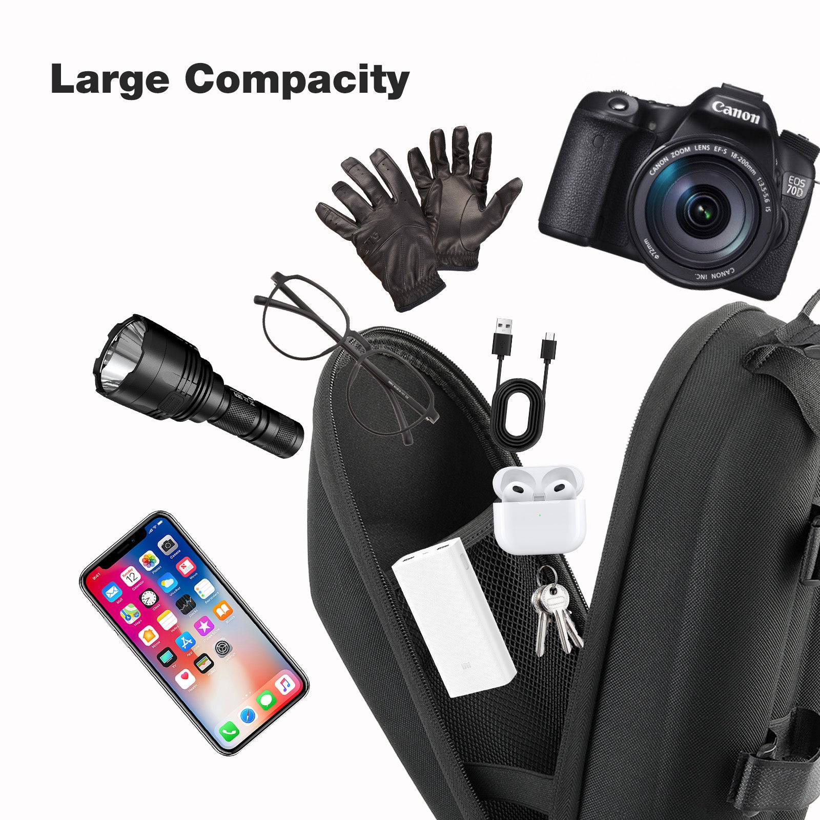 Black scooter head bag with camera, phone, keys, and other items on a white background