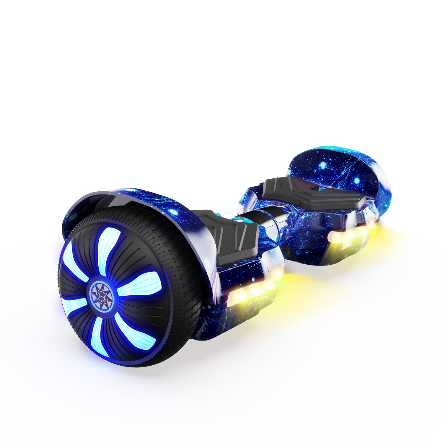 The iHoverboard Hoverboard for Kids Aged 6+ features a galaxy blue pattern, 6.5" wheels with glowing LED lights, side LEDs, and a built-in Bluetooth speaker, shown on a white background.