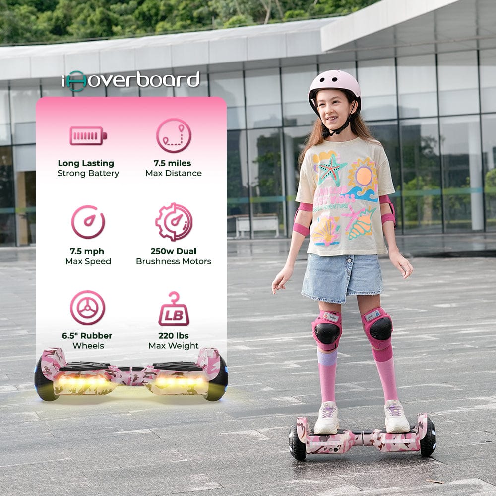 A smiling girl rides the iHoverboard Hoverboard for Kids Aged 6+ (6.5"-H2) outdoors, wearing safety gear. A graphic highlights its 7.5 mph max speed, 7.5-mile range, Bluetooth, LED lights, and self-balancing technology.
