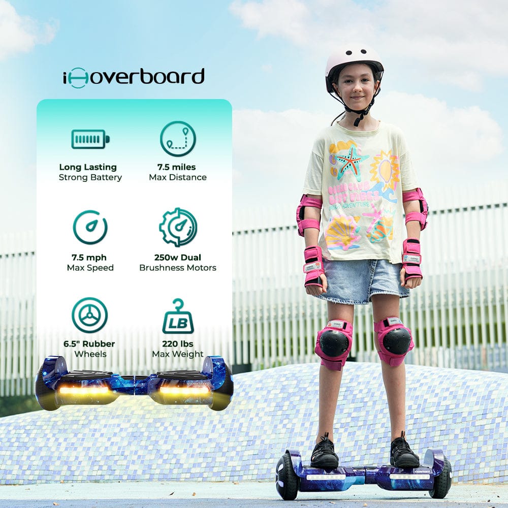 A girl in a helmet and pink pads rides the iHoverboard Hoverboard for Kids Aged 6+ (Self Balancing, Bluetooth, LED 6.5"-H2) outdoors. Features: 7.5-mile range, 7.5 mph speed, self-balancing, Bluetooth speaker, 250W motors, 220 lbs max weight.