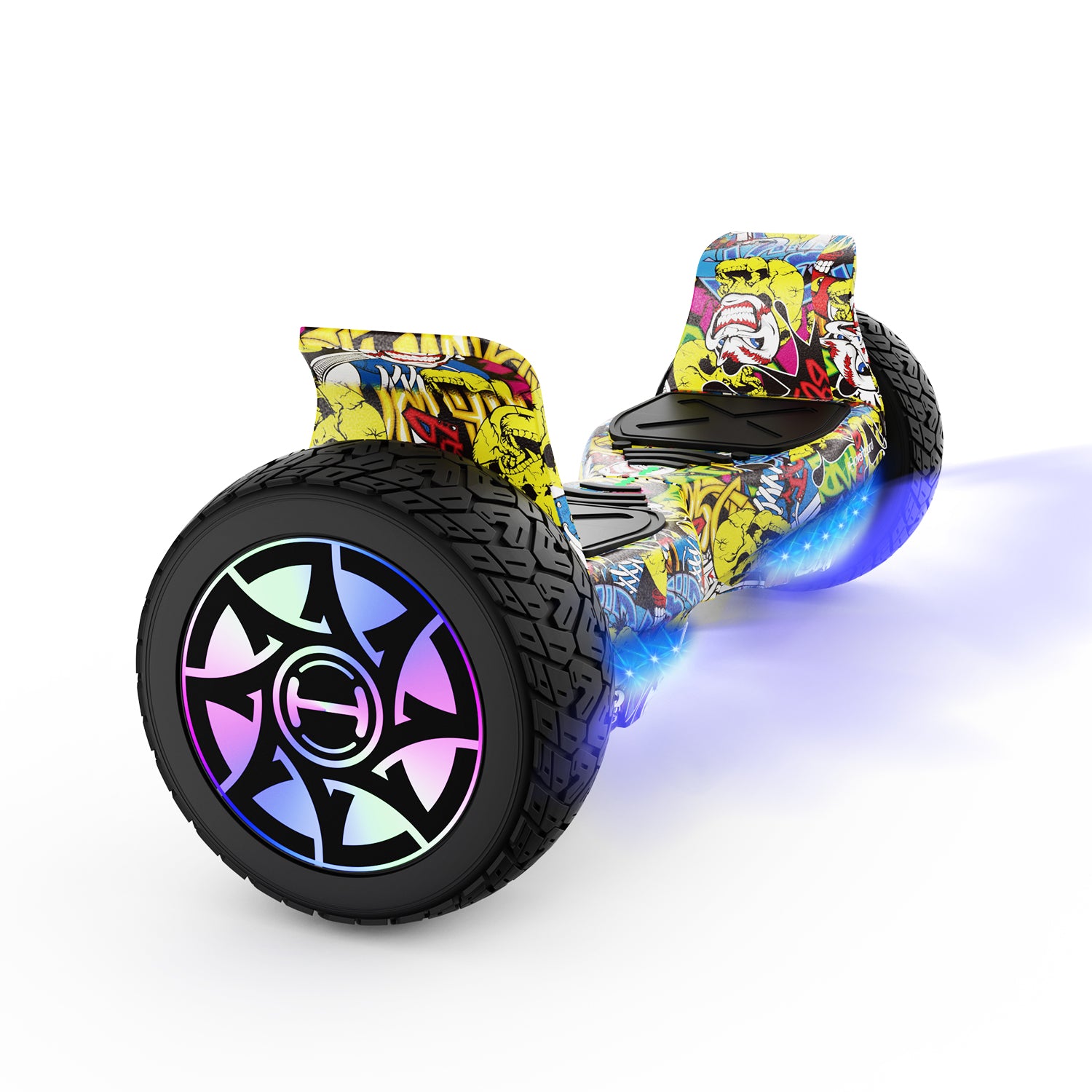 Colorful hoverboard with graffiti design on a white background