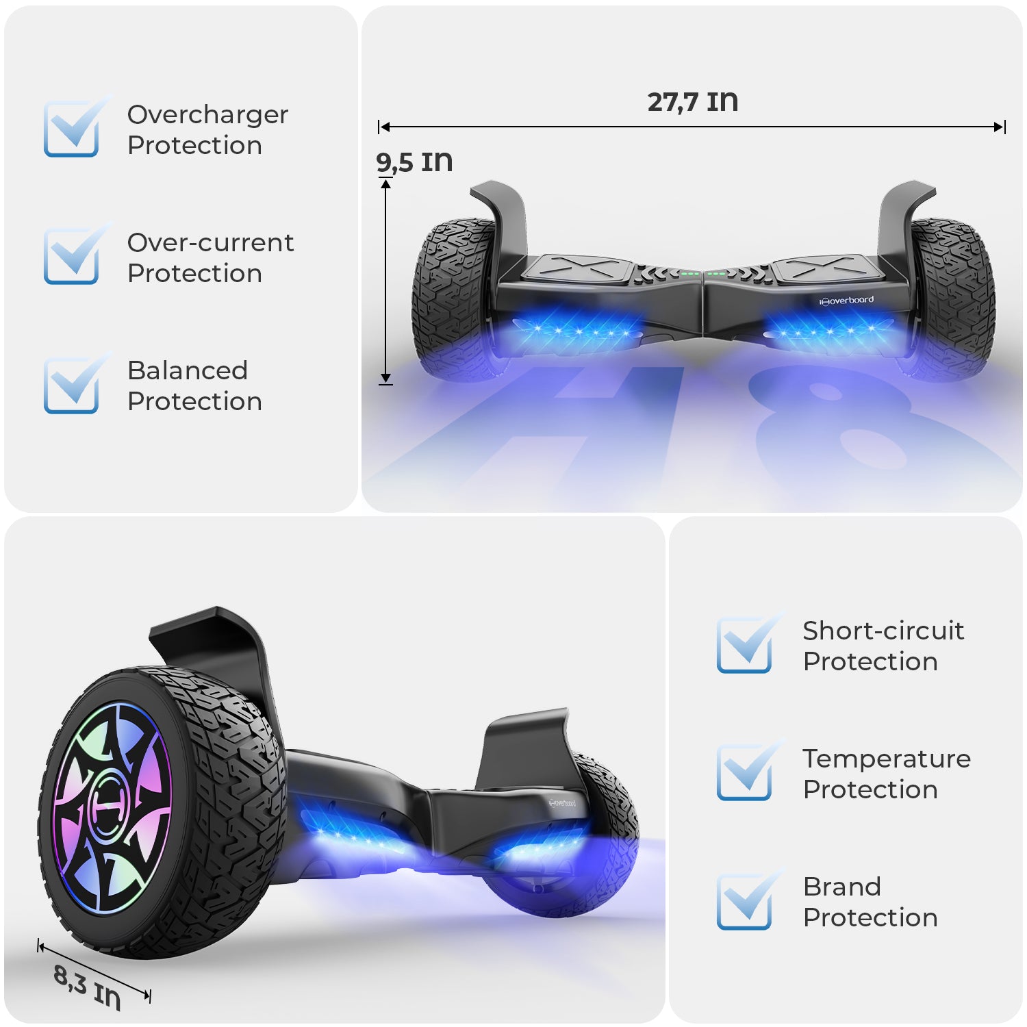 Hoverboard with safety features and dimensions on a gray background