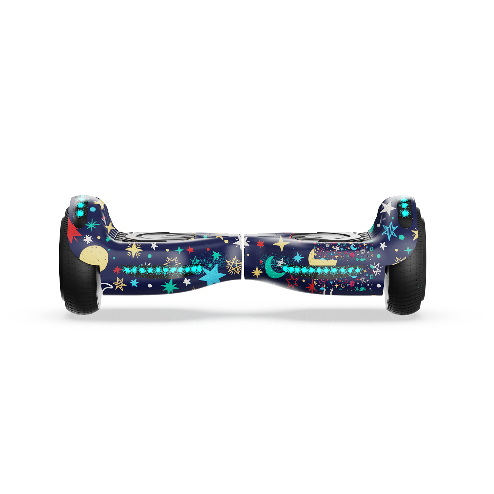 A hoverboard with a vibrant galaxy theme featuring stars, moons, and planets on a dark blue background, with black wheels and LED lights.