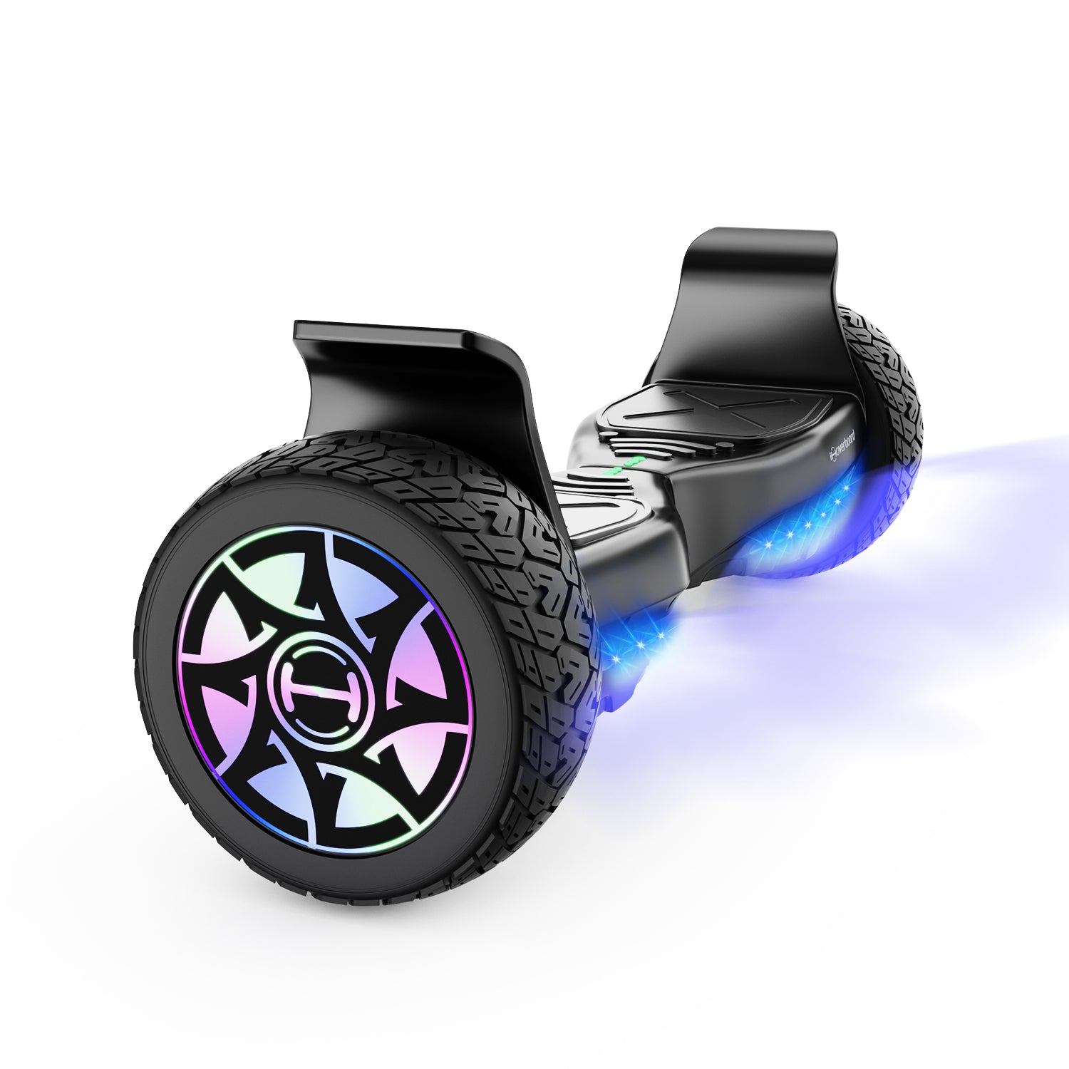 Black hoverboard with colorful wheel design on a white background