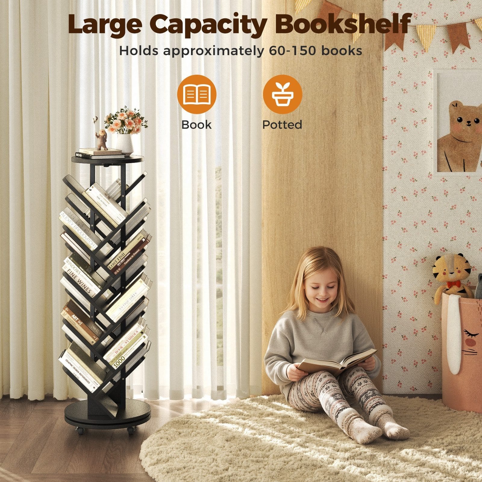CyberCart 360° Rotating Bookshelf, Standing Shelf, Multifunctional, 17 Shelves