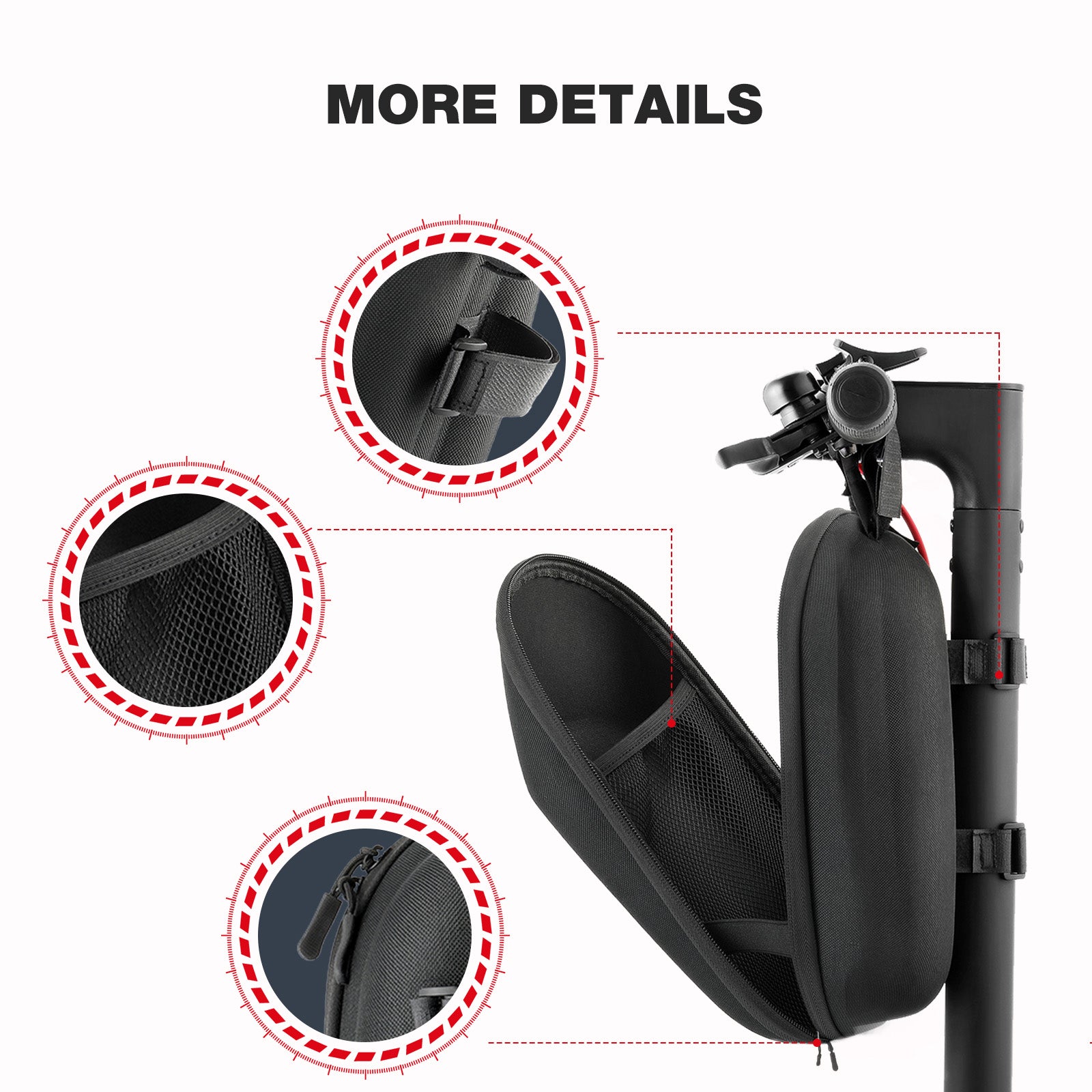 A black scooter bag with detailed views of zippers and mesh, on a white background.