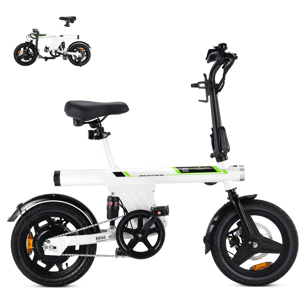 White electric bike with black wheels and green accents on a white background