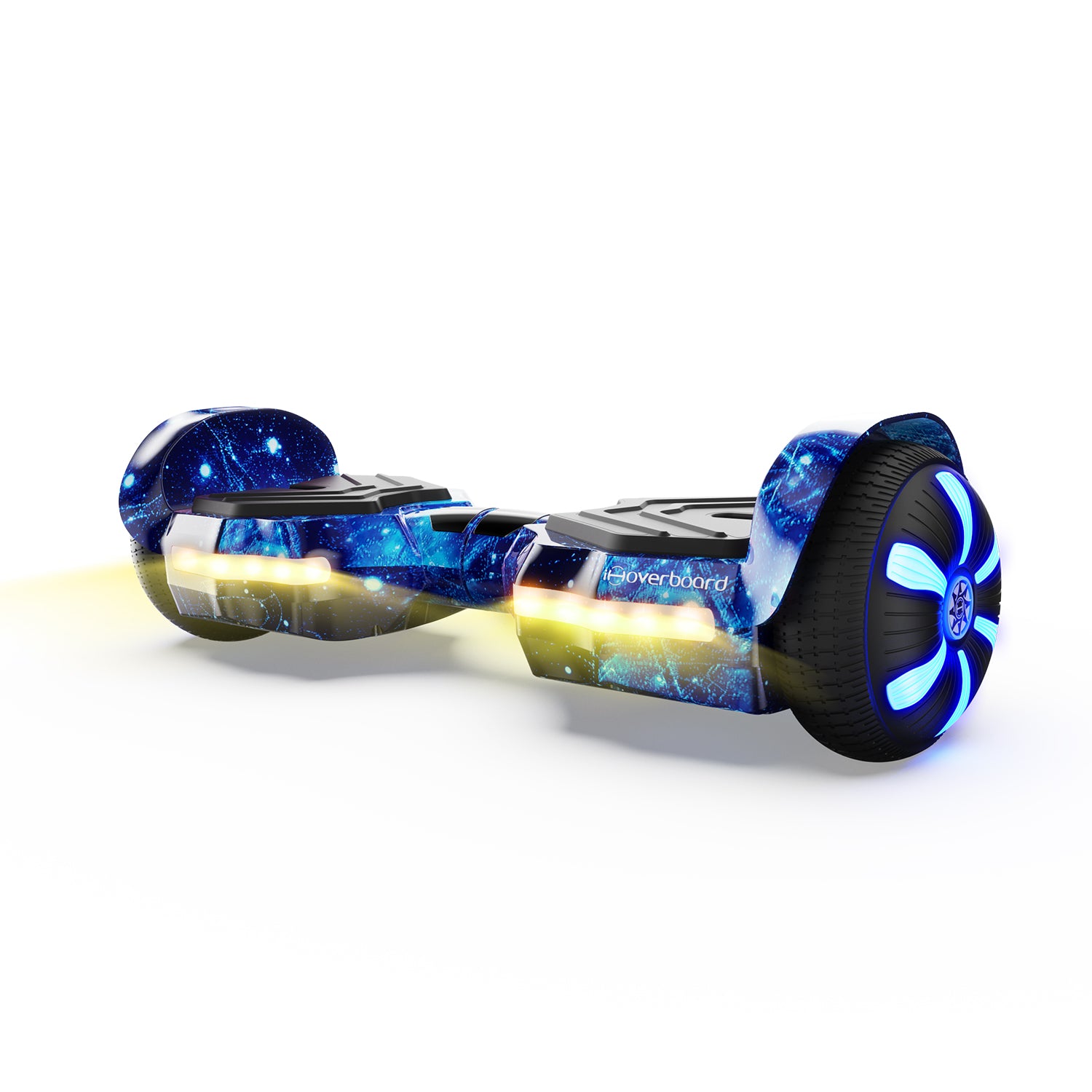 The iHoverboard Hoverboard for Kids Aged 6+ (6.5"-H2) is shown on a white background, featuring a blue and black galaxy pattern, self-balancing technology, Bluetooth, glowing blue wheel lights, and yellow side lights.