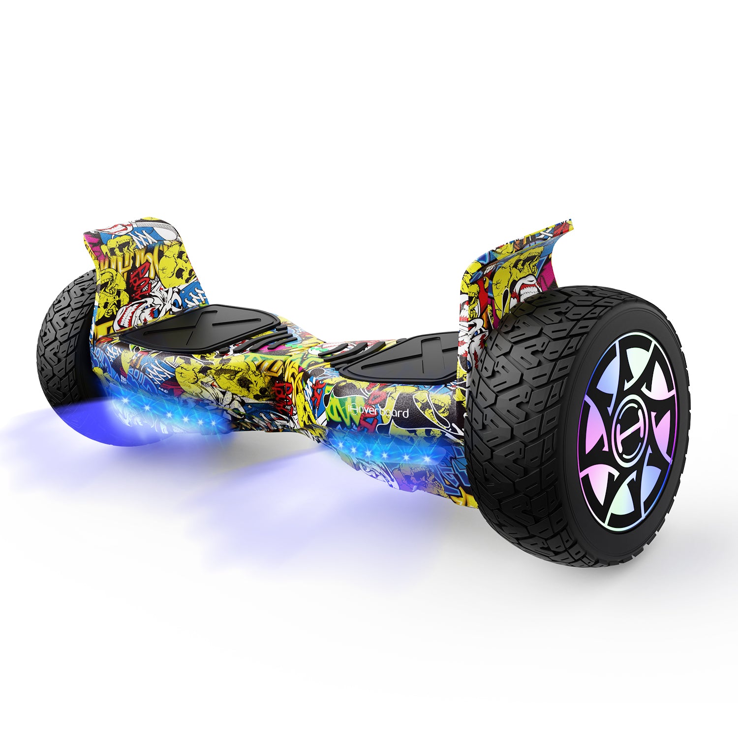 The iHoverboard Off-Road Hoverboard, 8.5" Self-Balancing with Bluetooth and LED lights for adults, features a graffiti-inspired design, bold black wheels with colorful accents, and blue underglow LEDs, shown on a white background.