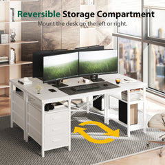 CyberCart Computer Desk with 3 Drawers and 3 Adjustable Shelves, 120 x 60 x 75 cm, Reversible PC Table, Office Table, for Office, Study, Bedroom, Living Room White