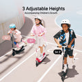 Three children ride scooters ik1s on a sunny track, each with helmets and different scooter heights: 32 inches, 37 inches, and 34.5 inches, showcasing adjustable features for growth.