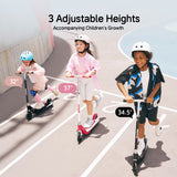 Three children riding scooters with height indicators on a road.