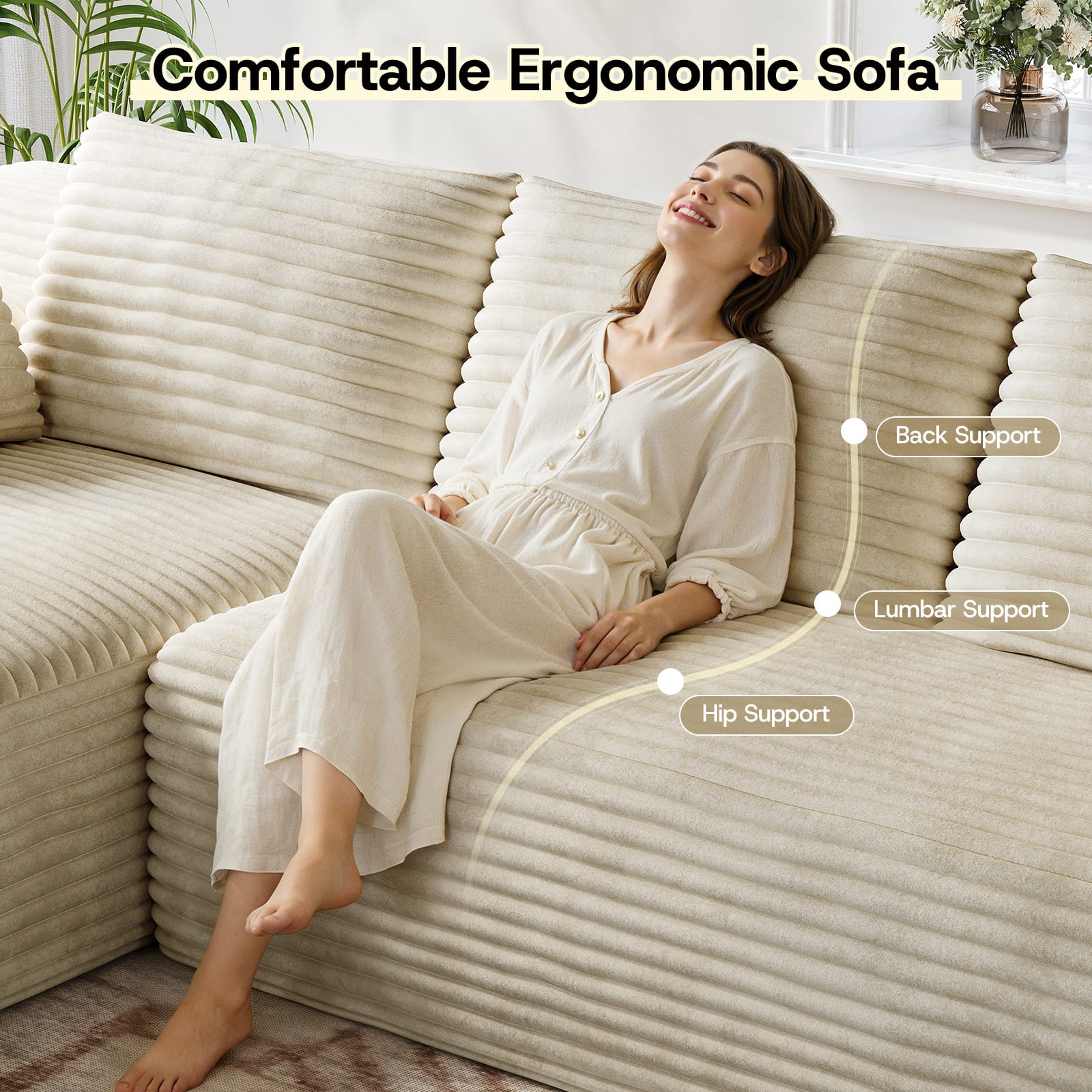 CyberCart Ares Minimalist 2-Seater Sofa Corduroy L-Shaped Gaming Sofa, 4-Seat Chaise Lounge, No Assembly, Beige