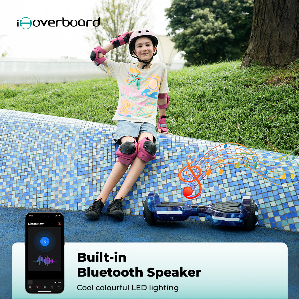 A smiling child in a helmet and gear sits on a ledge next to the blue iHoverboard Hoverboard for Kids 6+, featuring Bluetooth speakers and vibrant LED lighting. Illustrated music notes highlight its fun self-balancing ride.