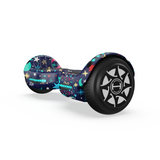 A colorful hoverboard with a vibrant celestial design featuring stars, moons, and planets on a dark blue background, and black wheels with a unique geometric pattern.