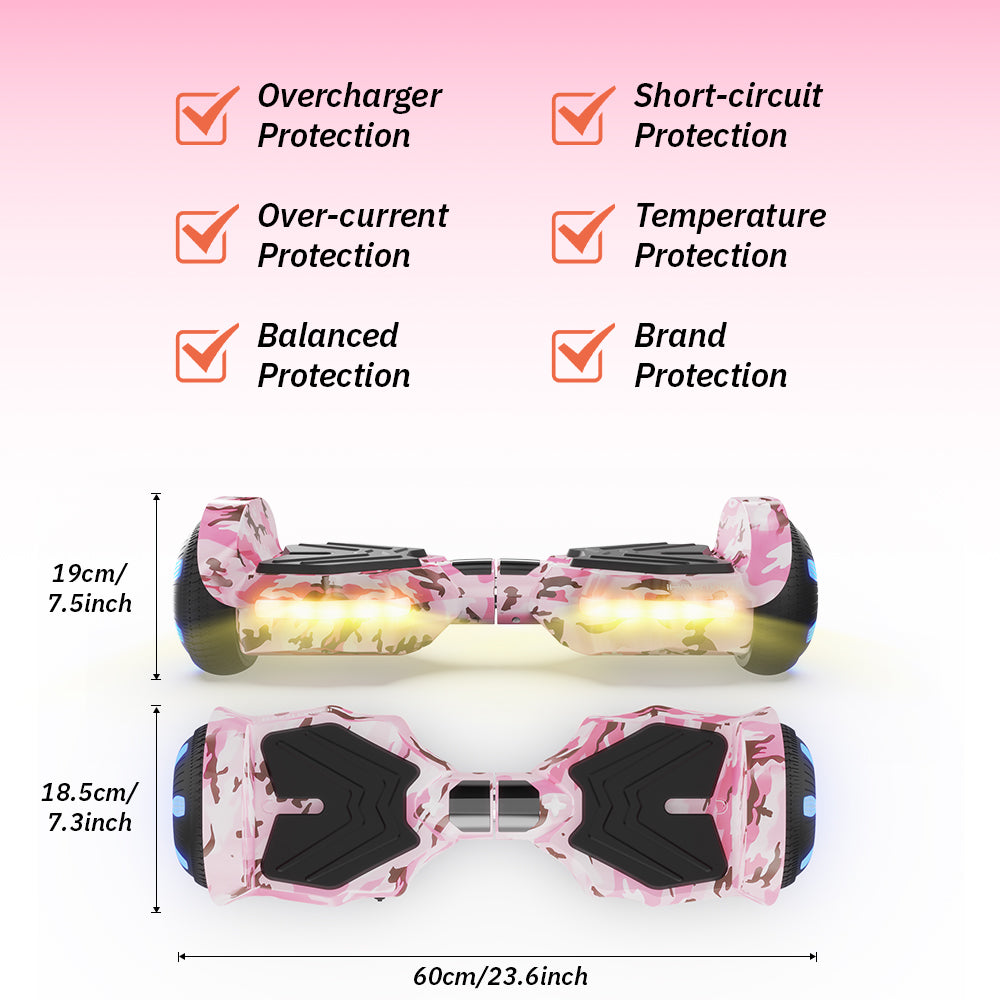 Two iHoverboard Hoverboard for Kids Aged 6+ (6.5"-H2) in pink camo are shown from side and top, featuring self-balancing tech, Bluetooth speaker, LED lights, and safety features like overcharge and short-circuit protection. Dimensions included.