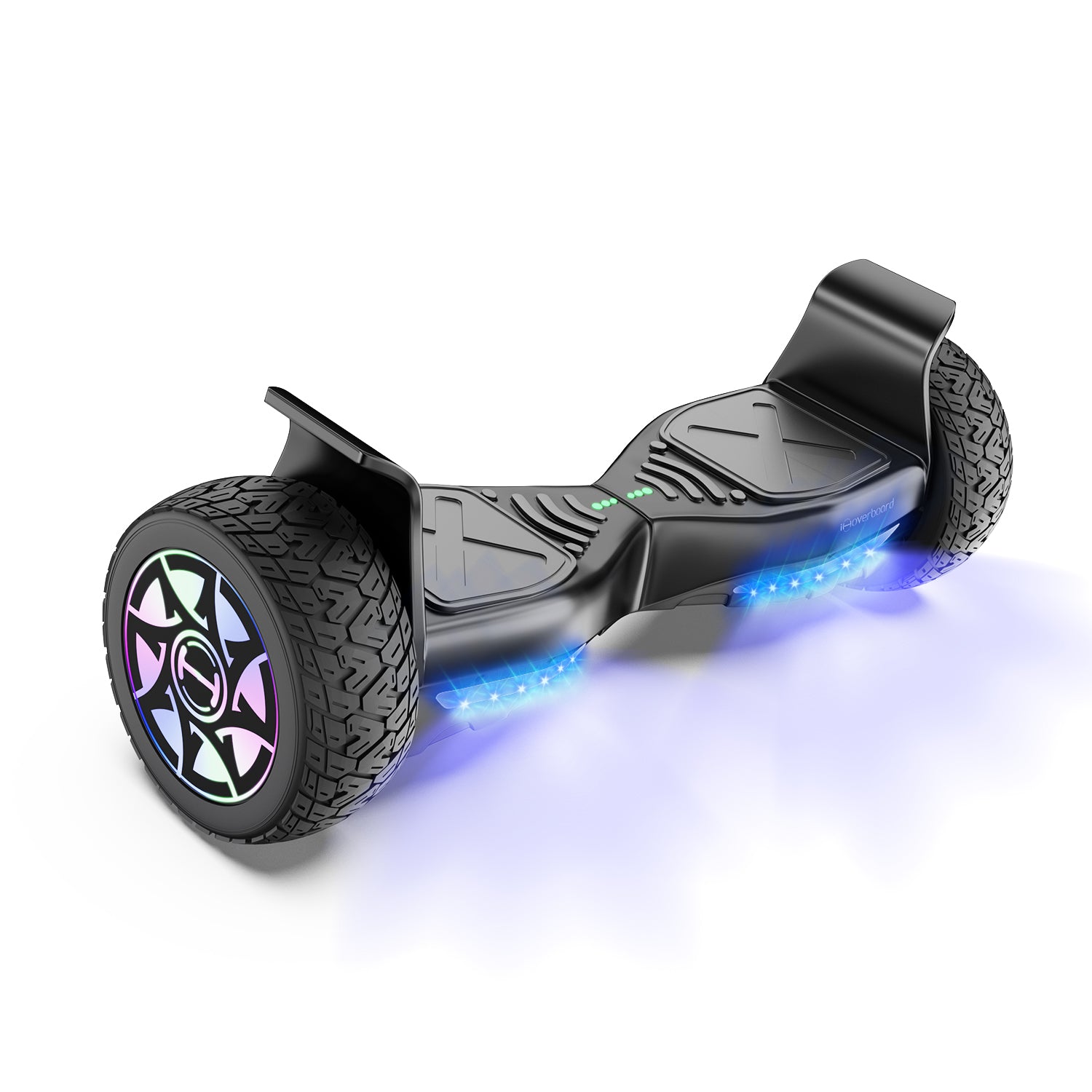 Black hoverboard with colorful wheel design on a white background