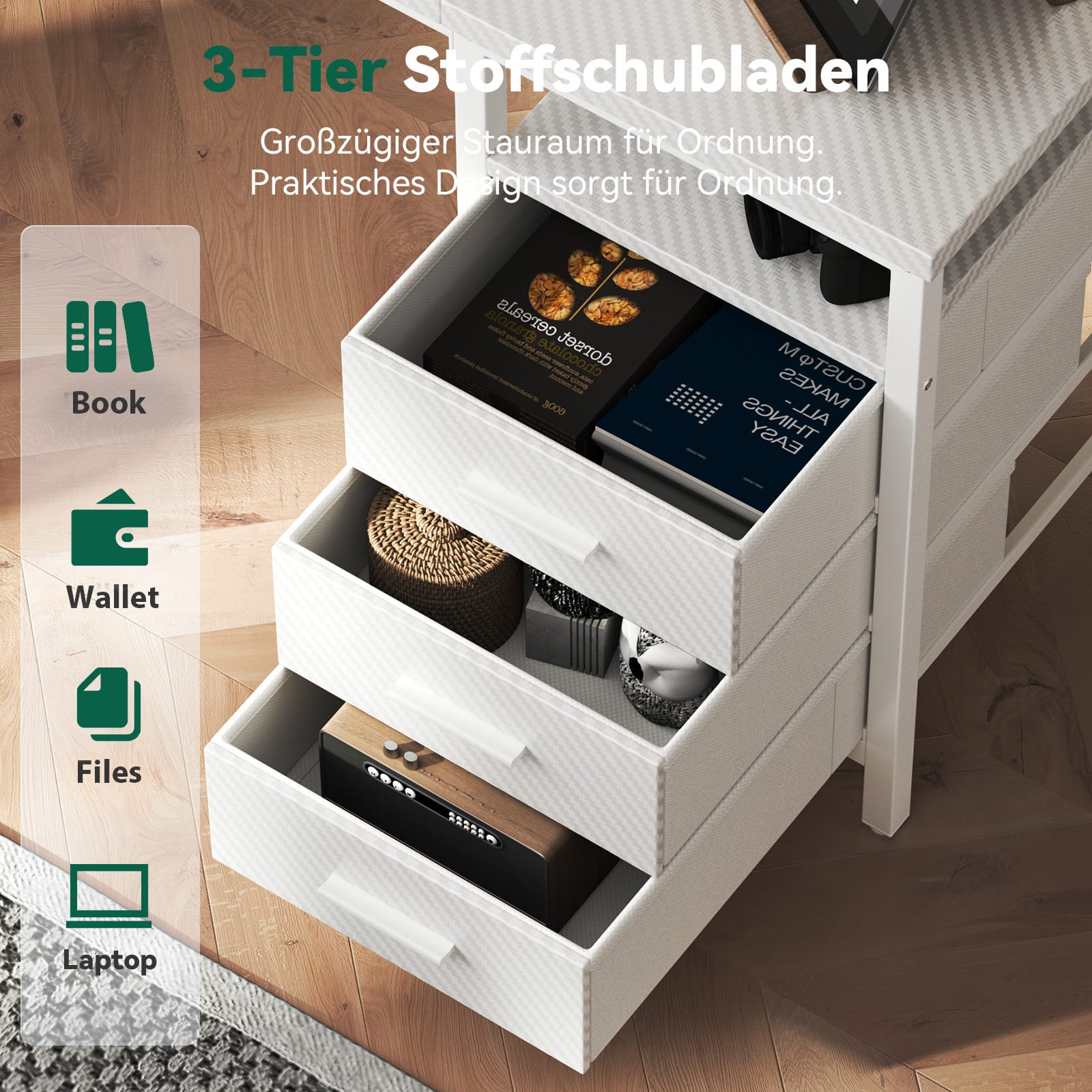 CyberCart Computer Desk with 3 Drawers and 3 Adjustable Shelves, 120 x 60 x 75 cm, Reversible PC Table, Office Table, for Office, Study, Bedroom, Living Room White