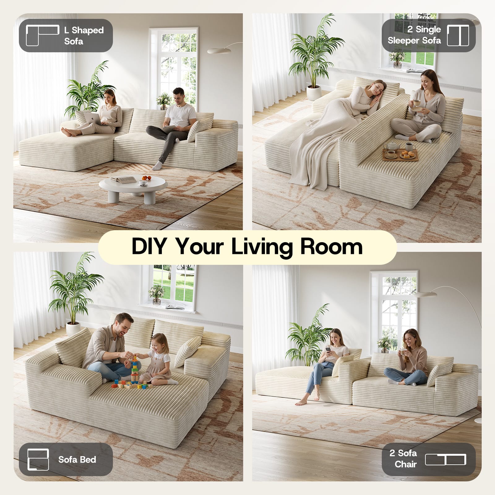 CyberCart Ares Minimalist 2-Seater Sofa Corduroy L-Shaped Gaming Sofa, 4-Seat Chaise Lounge, No Assembly, Beige