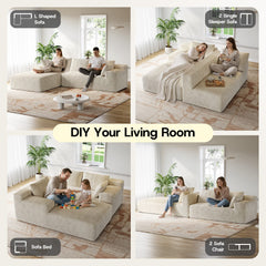 CyberCart Ares Minimalist 2-Seater Sofa Corduroy L-Shaped Gaming Sofa, 4-Seat Chaise Lounge, No Assembly, Beige