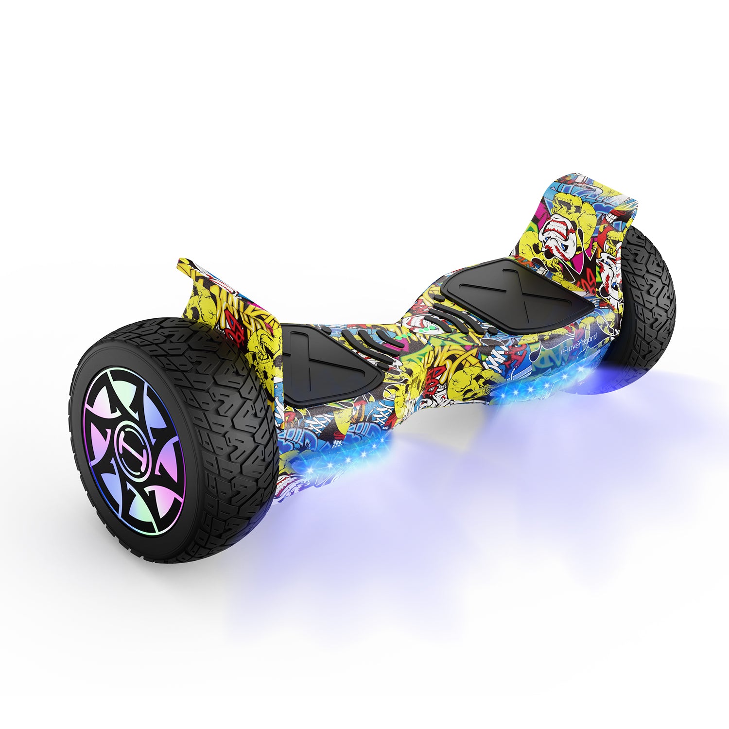 Colorful hoverboard with LED lights on a white background