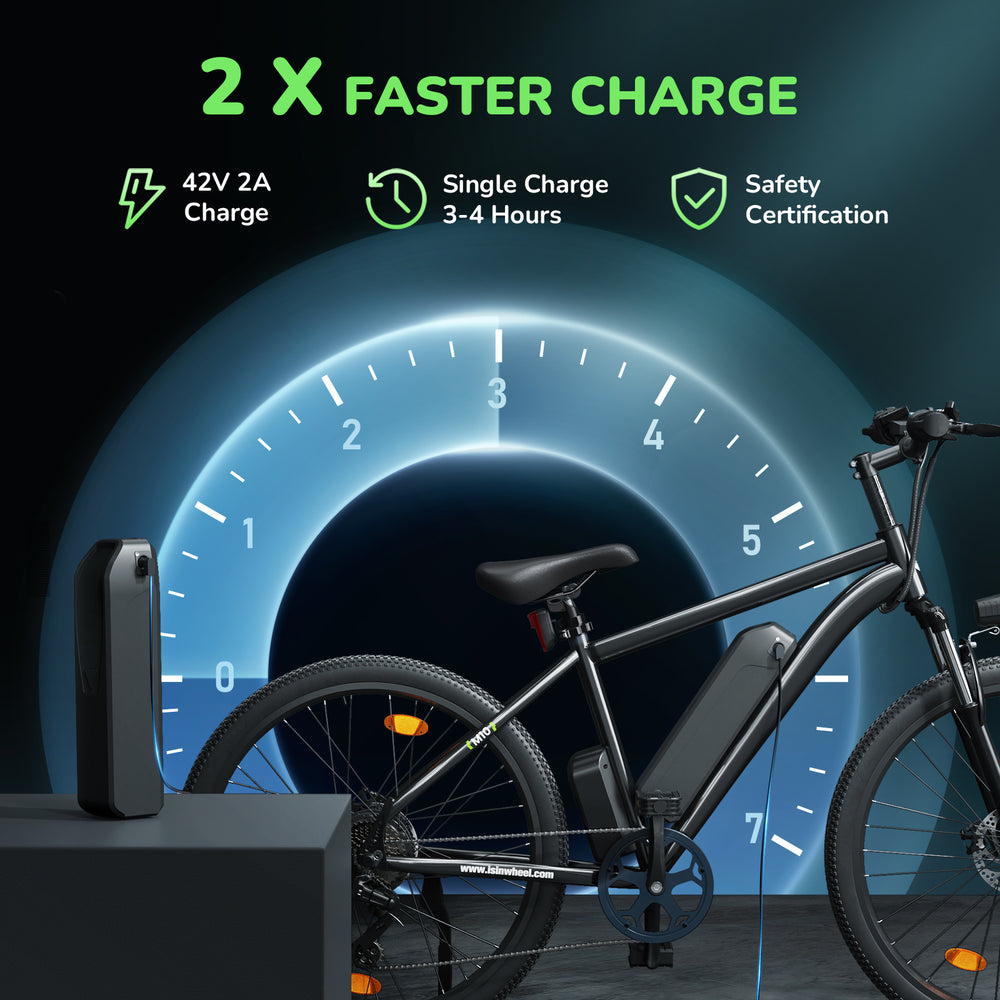 Electric bike with charging station and speedometer graphic on a dark background