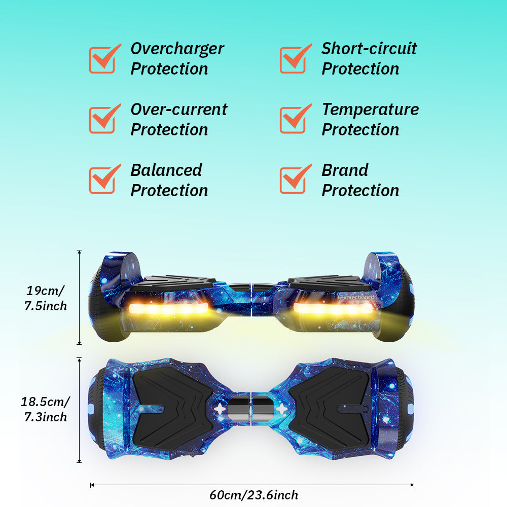 The iHoverboard Hoverboard for Kids Aged 6+ (Bluetooth, LED, 6.5"-H2) is shown in galaxy blue from top and side views with labeled dimensions, featuring six protections and self-balancing tech for enhanced safety and stability.
