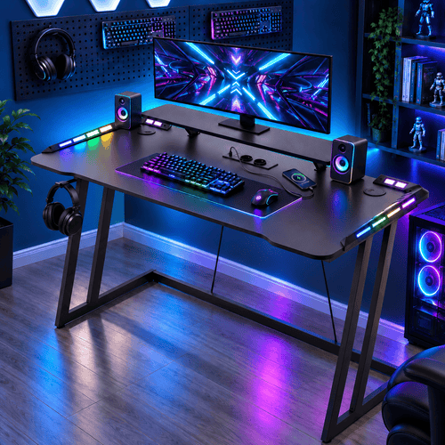 CyberCart RGB igraći stol sa čvrstim čeličnim okvirom u obliku slova Z i teksturiranom površinom od karbonskih vlakana, ergonomski stol za računalo za igrače