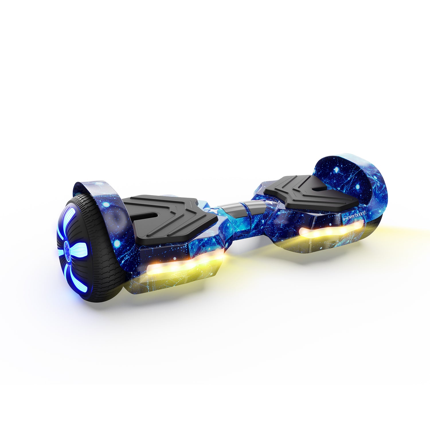 The iHoverboard Hoverboard for Kids Aged 6+ features a blue and yellow galaxy design, Bluetooth, LED lights on wheels and sides, a self-balancing 6.5" build, and is set against a white background.