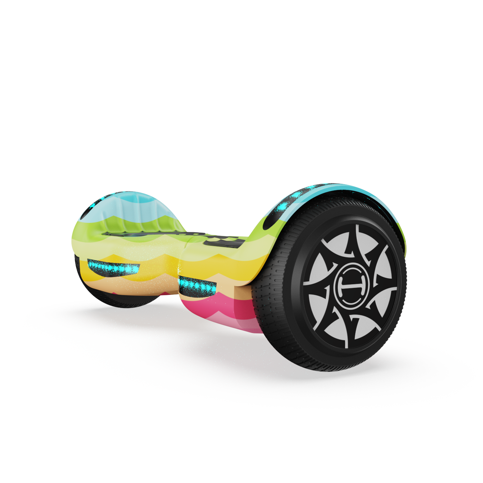 A colorful hoverboard with a vibrant, wavy pattern in shades of yellow, green, blue, and pink, featuring black wheels with a geometric design on the hubcaps, set against a plain white background.