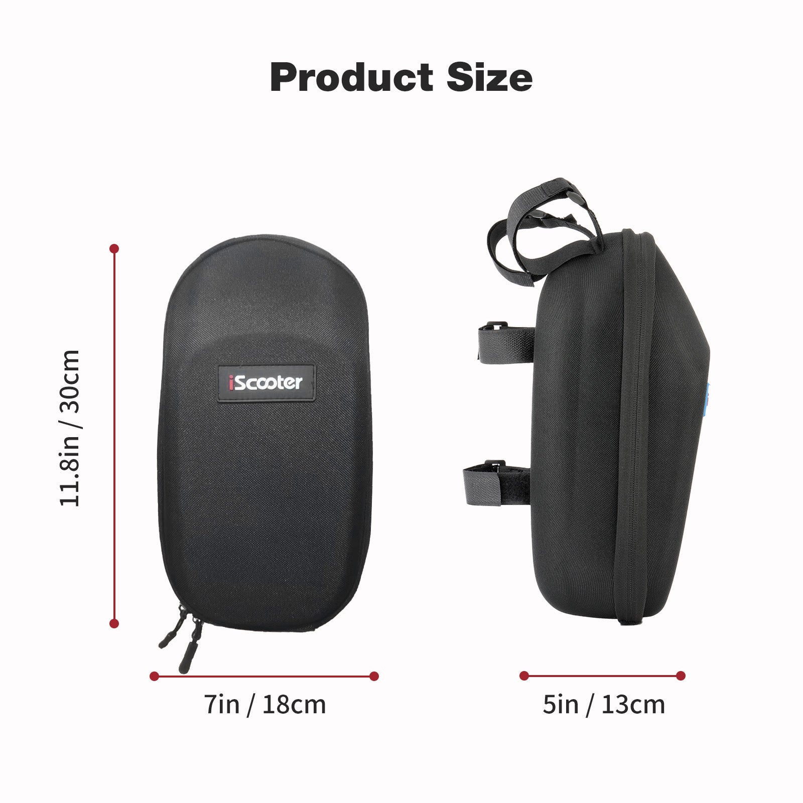 Black scooter head bag with dimensions labeled on a white background