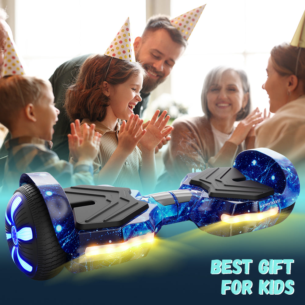 A smiling child in a party hat celebrates with family at a birthday party. Up front is the iHoverboard Hoverboard for Kids (6.5"-H2) with LED lights and Bluetooth, featuring text: BEST GIFT FOR KIDS.
