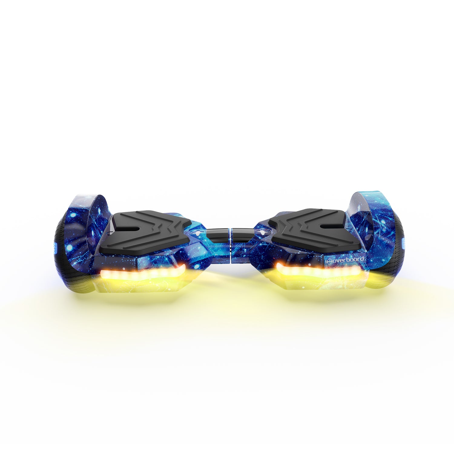 The iHoverboard Hoverboard for Kids Aged 6+ (6.5"-H2), self-balancing with a blue galaxy theme, black foot pads, yellow front LED lights, and built-in Bluetooth speaker is shown on a white background.