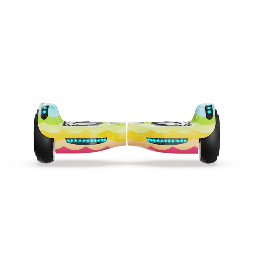 A rainbow h1 hoverboard with a vibrant design featuring waves of green, yellow, and pink, equipped with black wheels and blue LED lights on the sides, displayed on a white background.