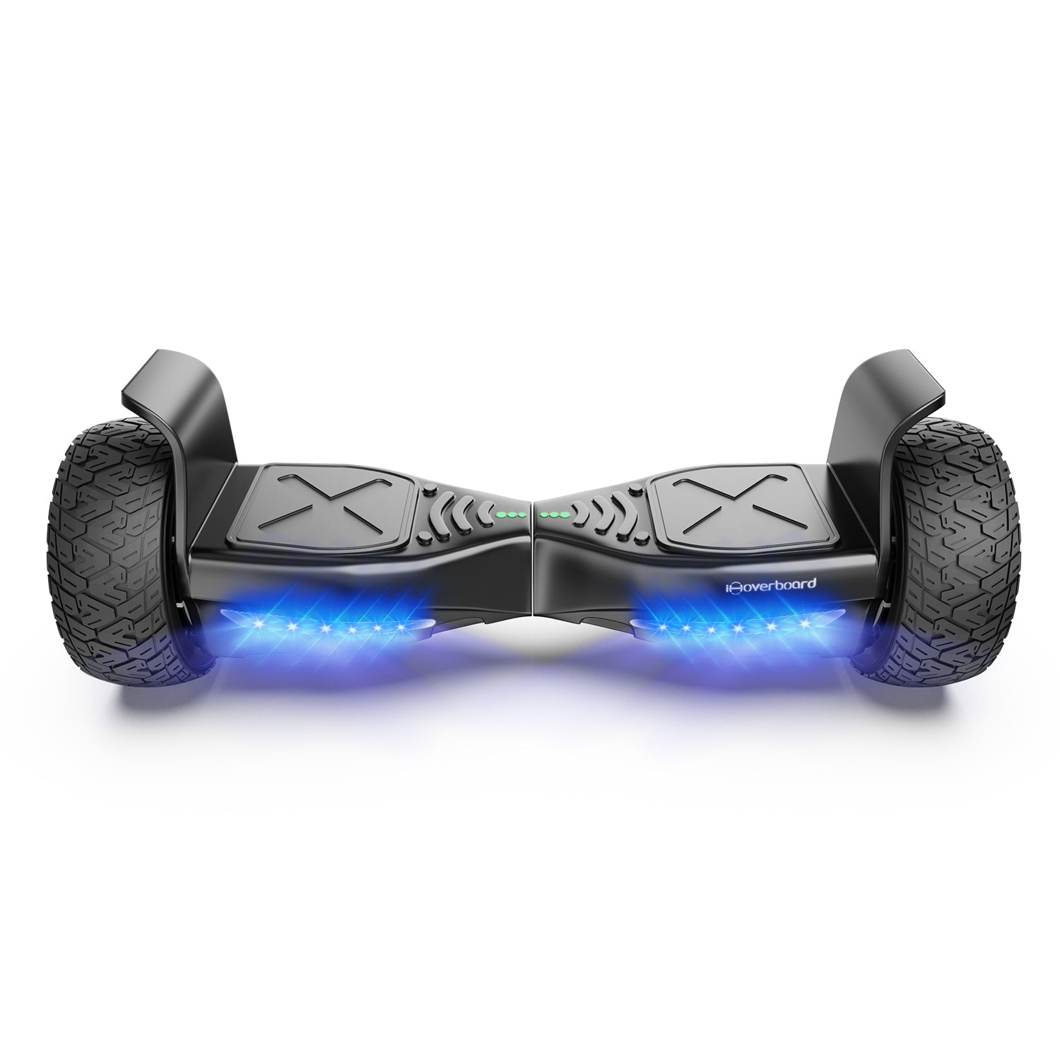 Black hoverboard with LED lights on a white background