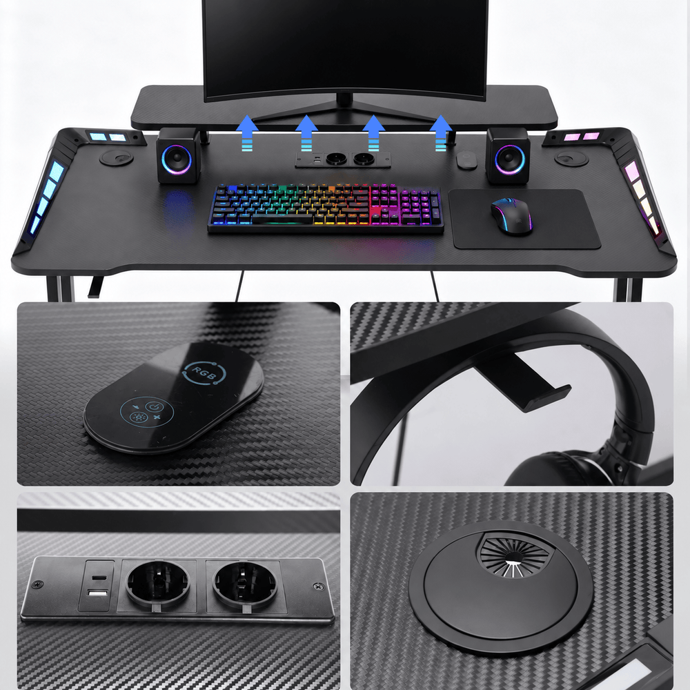 CyberCart Cybercart RGB Gaming Desk with Z-Shaped Sturdy Steel Frame & Carbon Fiber Textured Surface, Ergonomic PC Computer Desk for Gamers