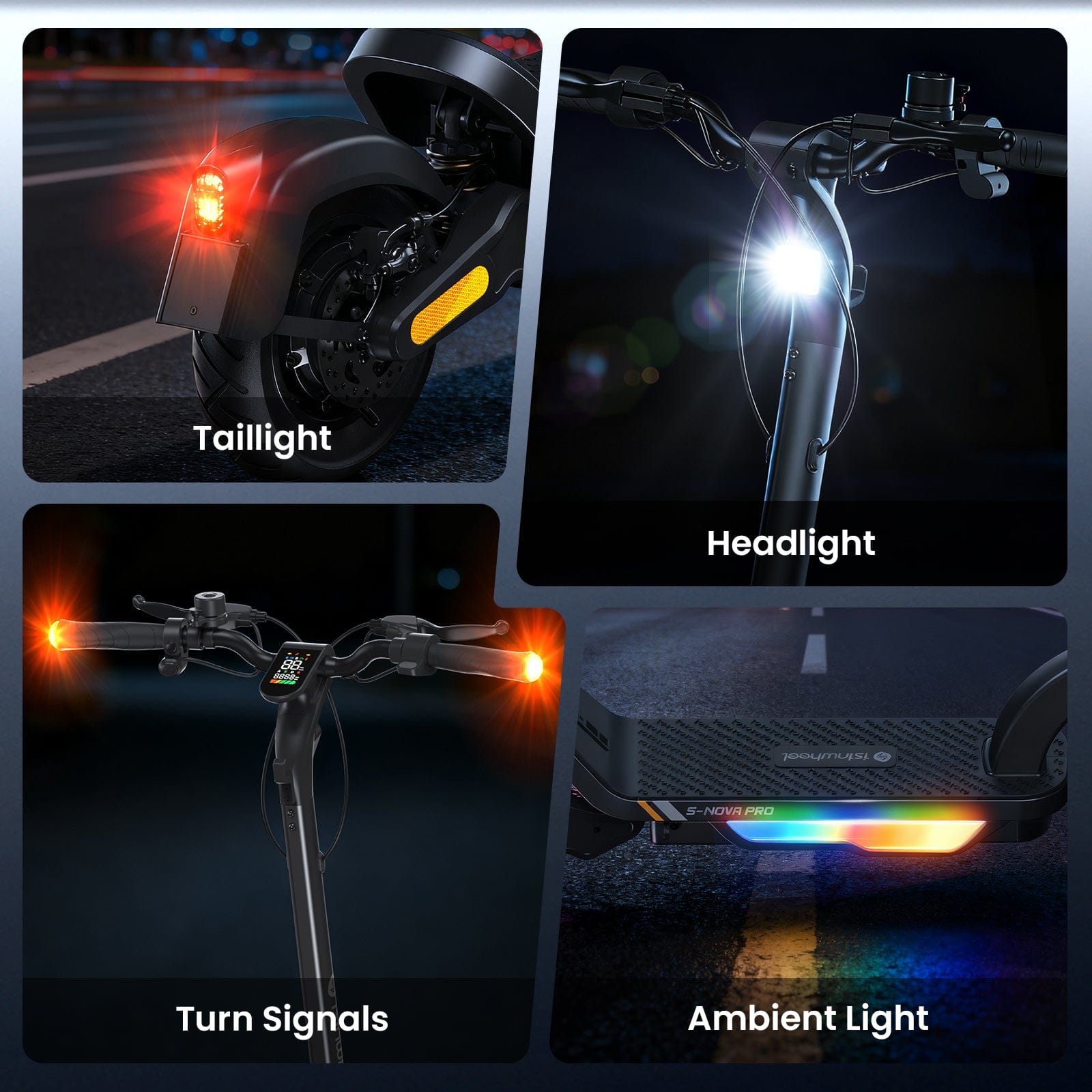 A collage showcases various lights on an electric scooter: a glowing red taillight, a bright white headlight, orange turn signals on the handlebars, and colorful ambient lights under the deck, all set against a nighttime backdrop.