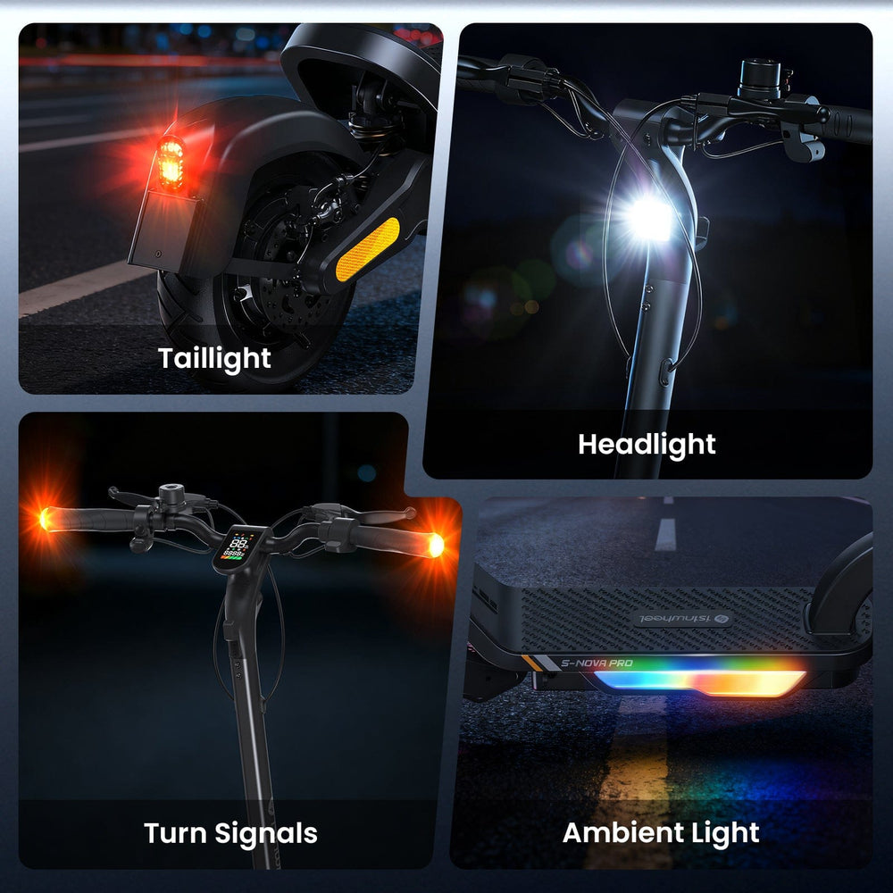 A collage showcases various lights on an electric scooter: a glowing red taillight, a bright white headlight, orange turn signals on the handlebars, and colorful ambient lights under the deck, all set against a nighttime backdrop.
