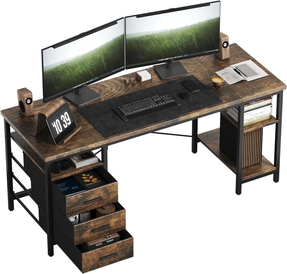 CyberCart Computer Desk with 3 Drawers and 3 Adjustable Shelves, 120 x 60 x 75 cm, Reversible PC Table, Office Table, for Office, Study, Bedroom, Living Room White