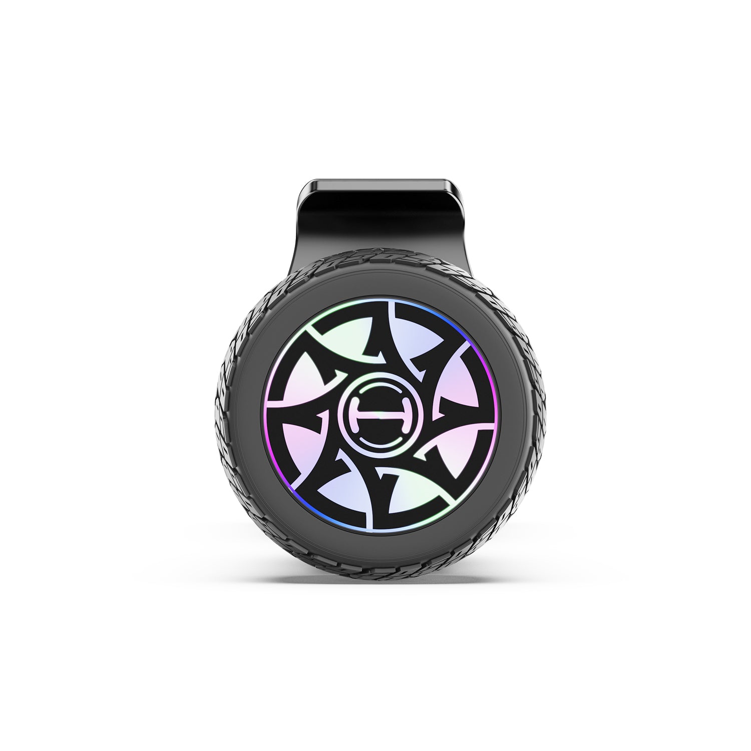 Black hoverboard tire with colorful tread pattern on a white background