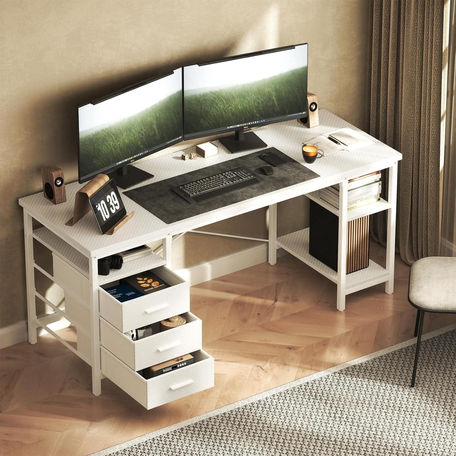CyberCart Computer Desk with 3 Drawers and 3 Adjustable Shelves, 120 x 60 x 75 cm, Reversible PC Table, Office Table, for Office, Study, Bedroom, Living Room White
