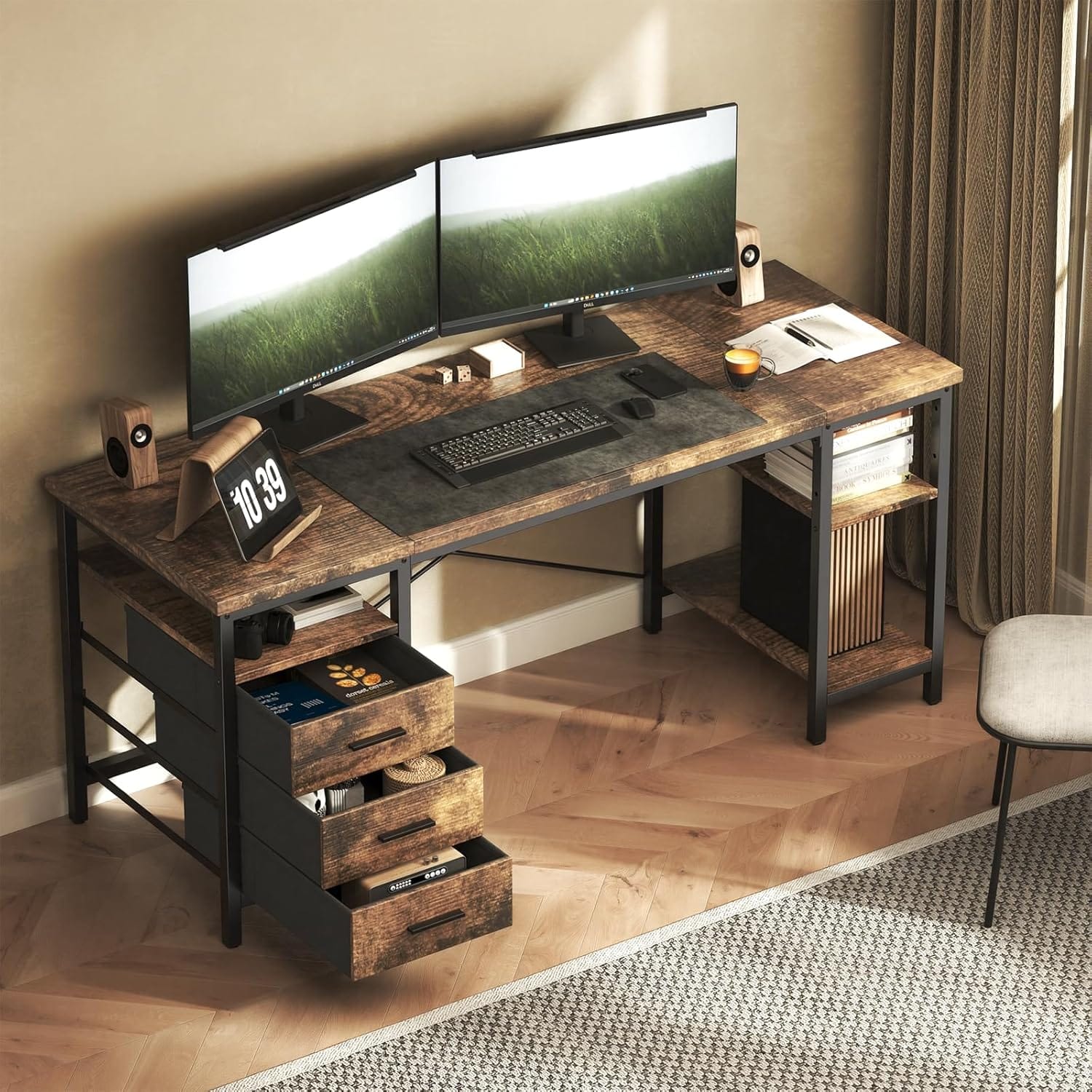 CyberCart Computer Desk with 3 Drawers and 3 Adjustable Shelves, 120 x 60 x 75 cm, Reversible PC Table, Office Table, for Office, Study, Bedroom, Living Room, Walnut Brown