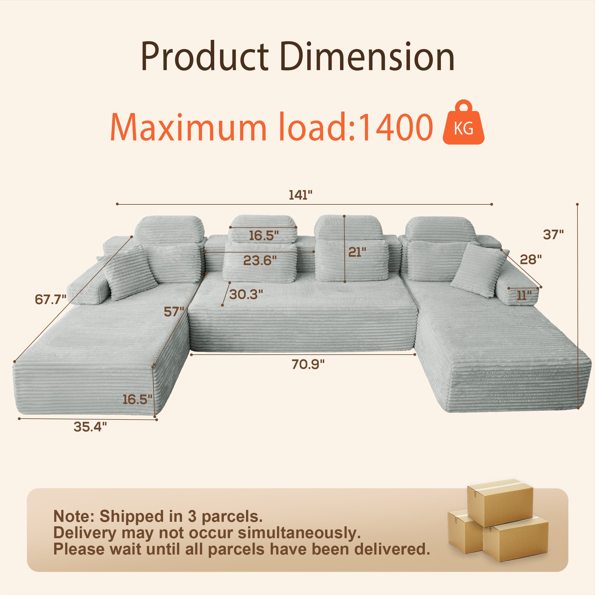 Patbrela sofas Extra-large modular U-shaped sofa with 2 chaise lounges, comfortable corduroy upholstery + memory foam, no assembly required