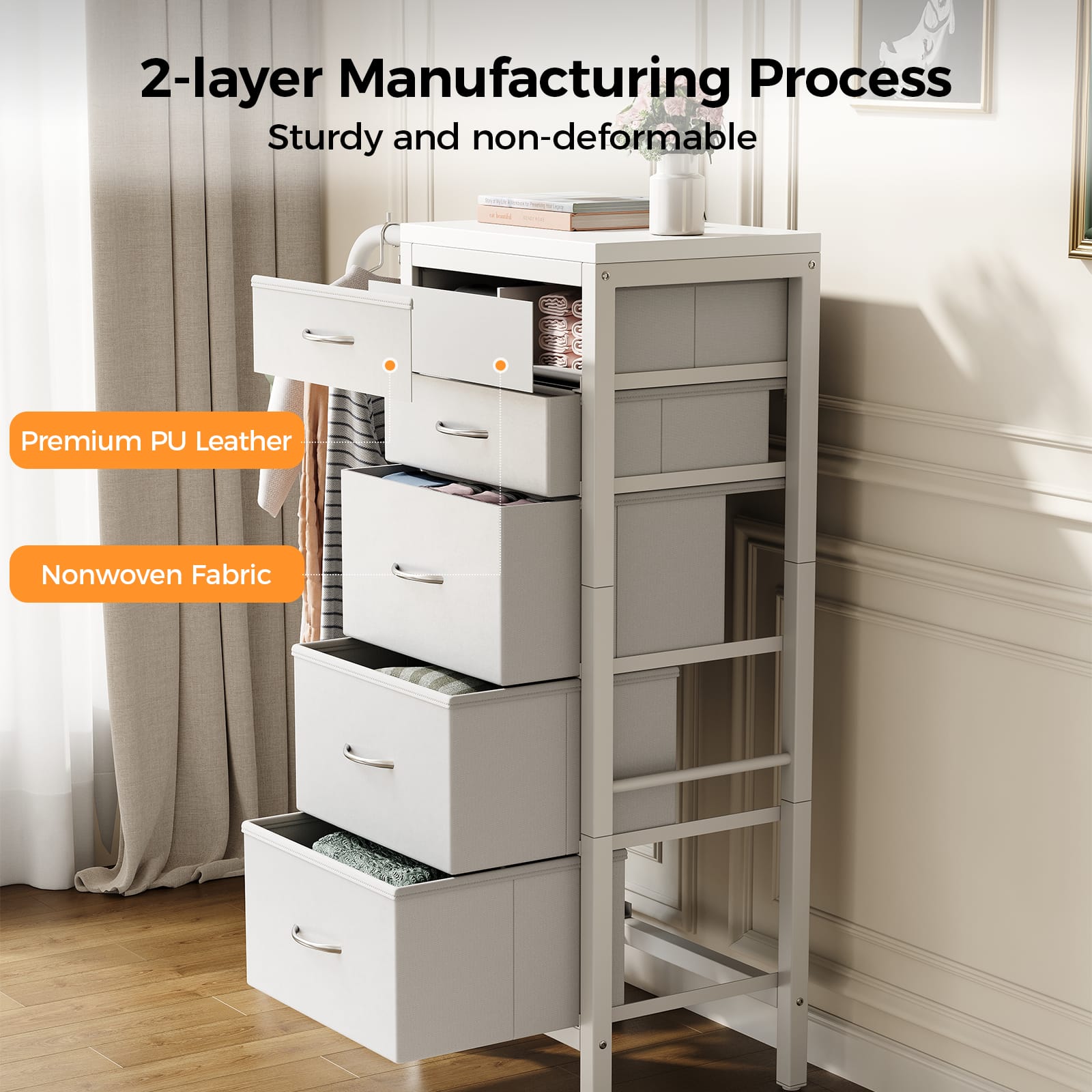 CyberCart Coat Rack, Wardrobe with 5 Fabric Drawers, Chest of Drawers with Clothes Rail