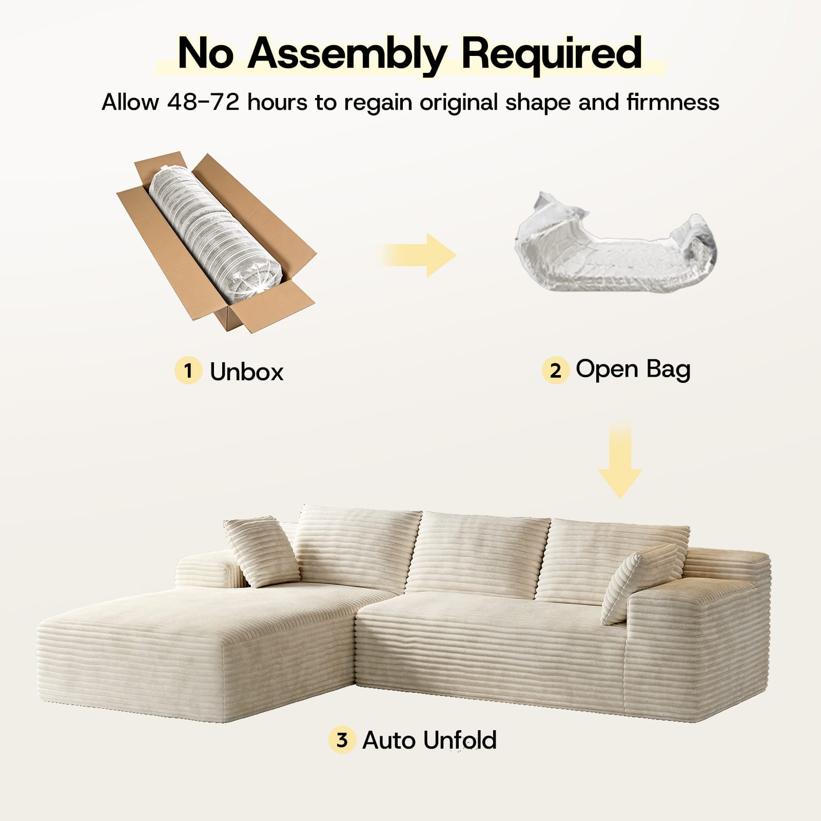 CyberCart Ares Minimalist 2-Seater Sofa Corduroy L-Shaped Gaming Sofa, 4-Seat Chaise Lounge, No Assembly, Beige