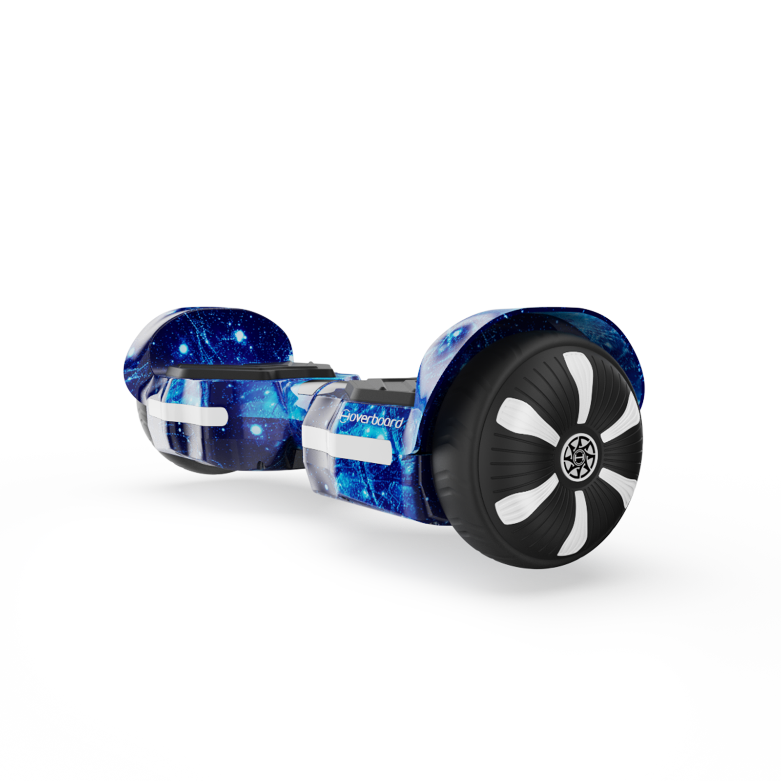 A hoverboard h2 with a striking blue galaxy design, featuring two large black wheels with white accents, displayed against a plain white background.