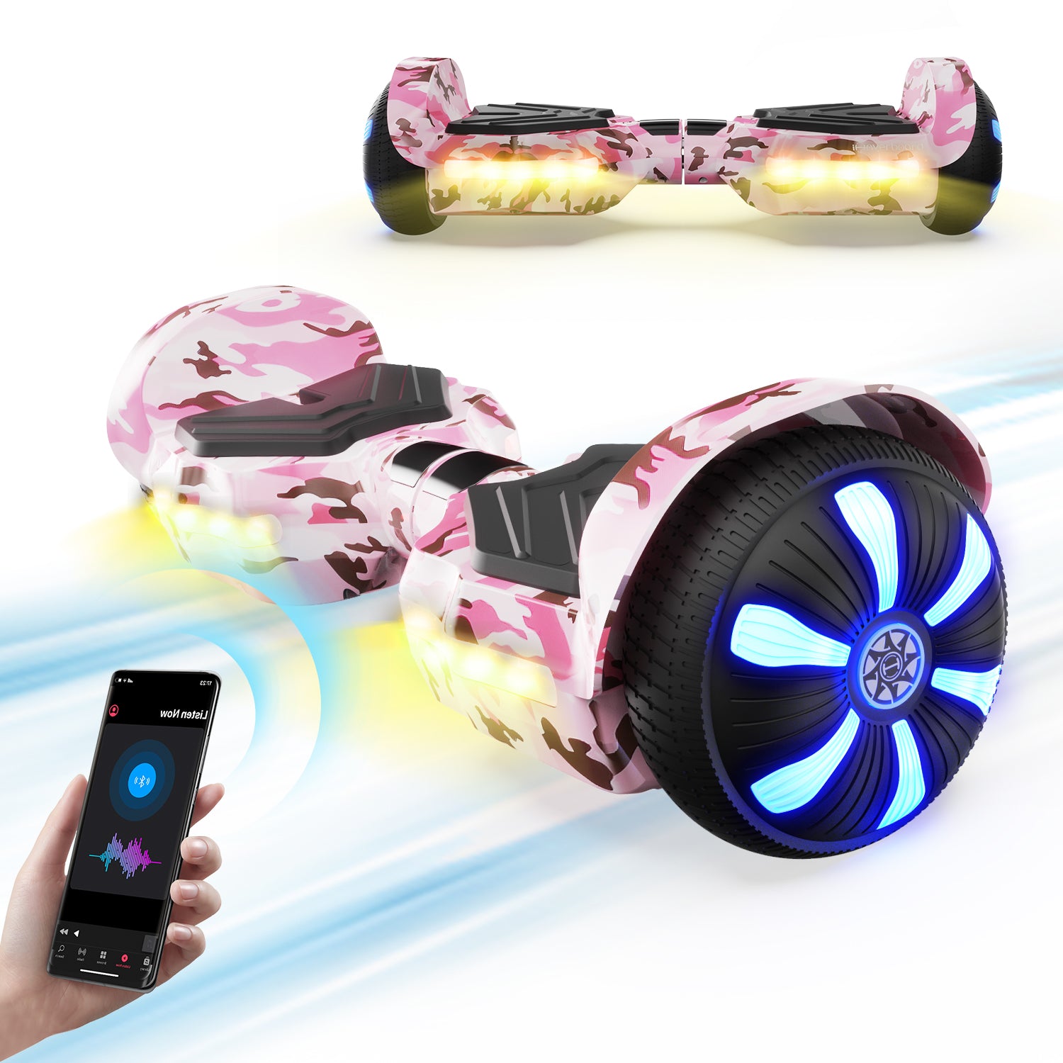 The iHoverboard Hoverboard for Kids Aged 6+ features a pink camo design, self-balancing, 6.5" LED-lit wheels and sides, Bluetooth speaker, and phone app control—shown from two angles with a smartphone highlighting its connectivity.